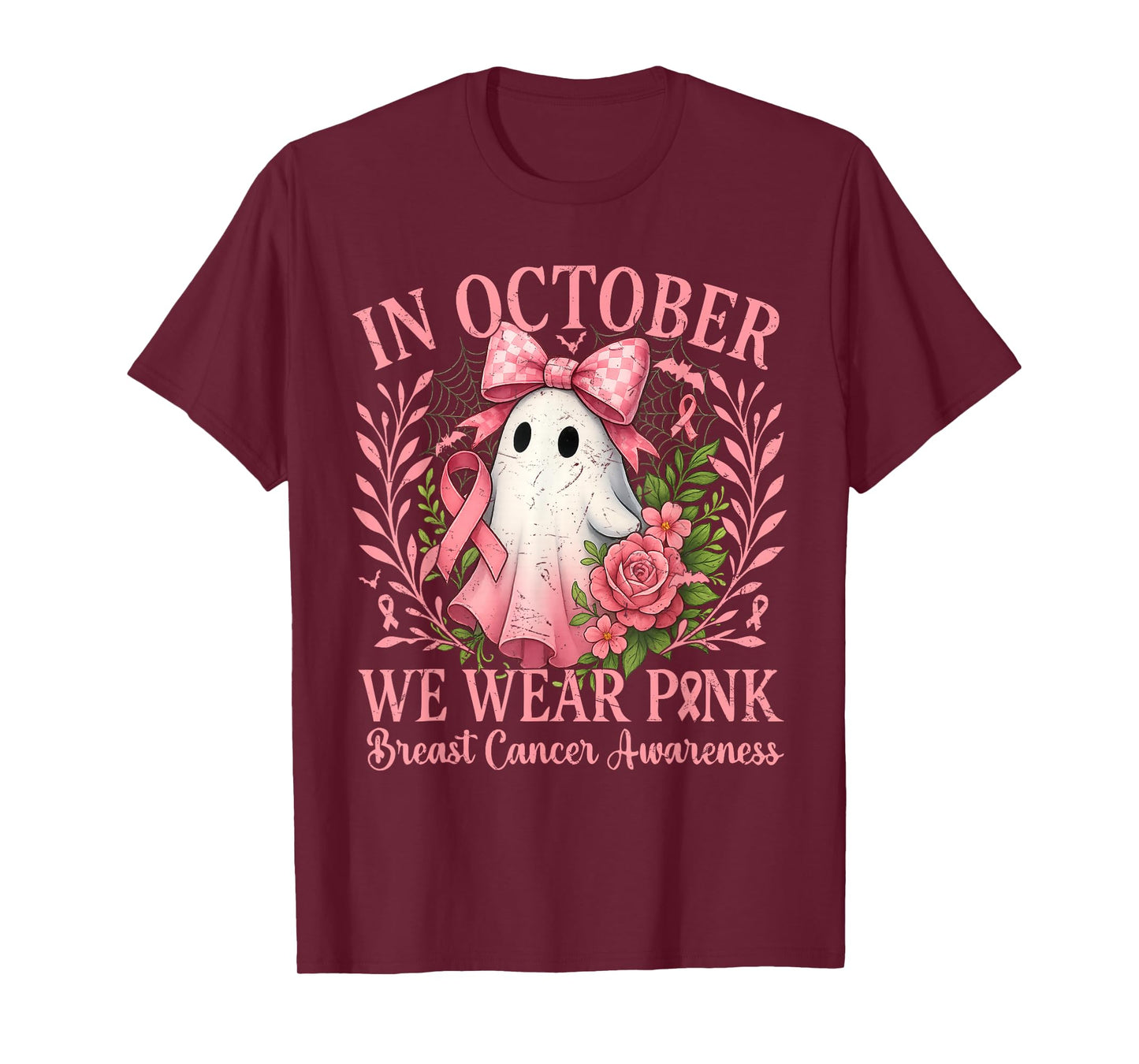 in October We Wear Pink Ghost with Flowers Breast Cancer T-Shirt