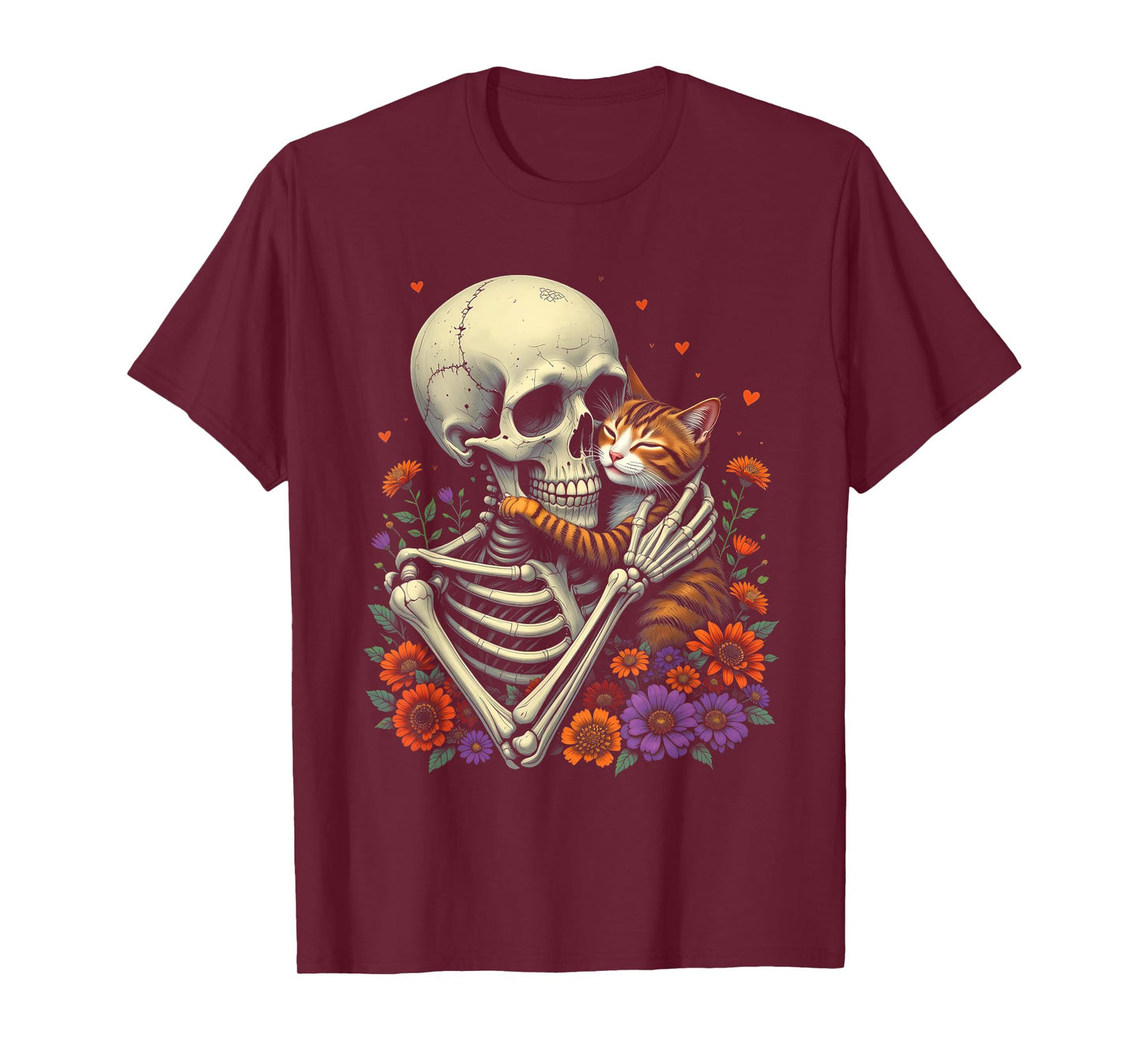 Skeleton Hugging Cat Halloween Floral Cat Lover Cat Mom Dad T-Shirt