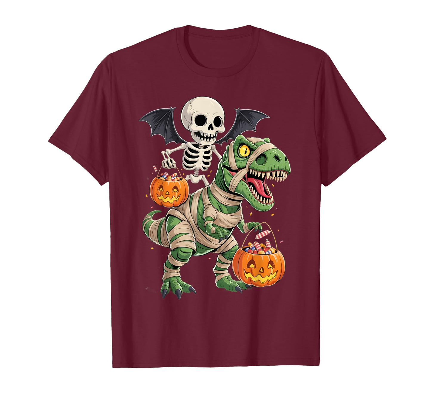 Skeleton Riding Mummy Dinosaur T rex Halloween Pumpkin Gifts T-Shirt