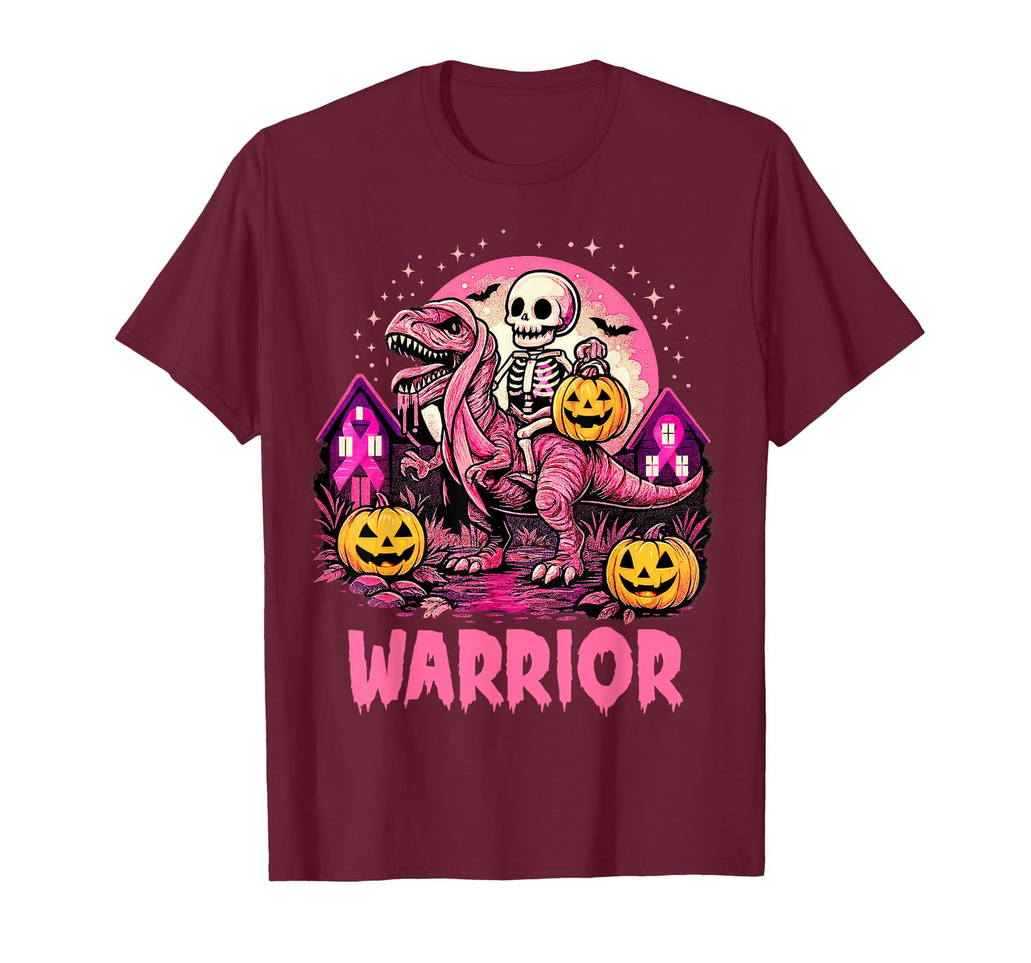 Skeleton Riding Dinosaur Scary Night Pumpkin Breast Cancer T-Shirt
