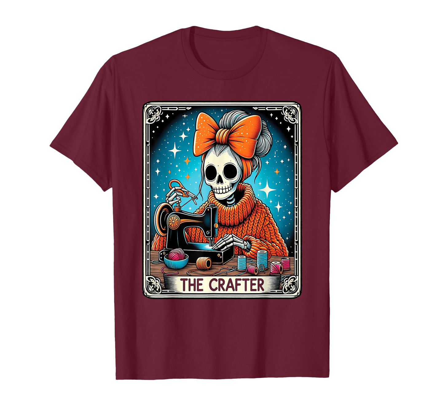 Halloween Quilting Tarot Card Messy Bun Skeleton Quilter T-Shirt