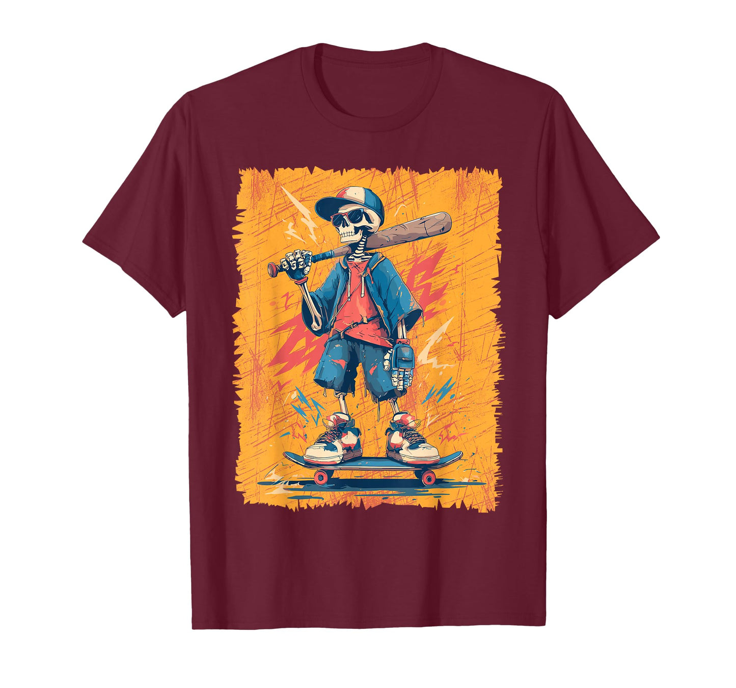 Halloween Skeleton Skater Baseball Bat Graffiti Graphic T-Shirt