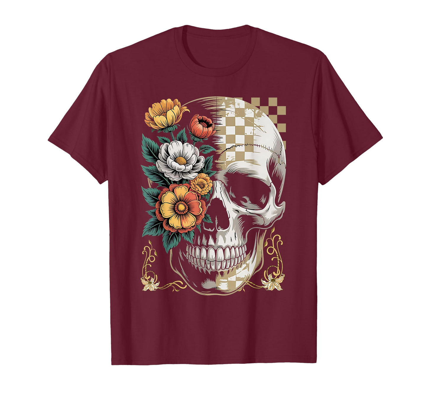 Retro Halloween Floral Autumn Skull Funny Spooky Skeleton T-Shirt