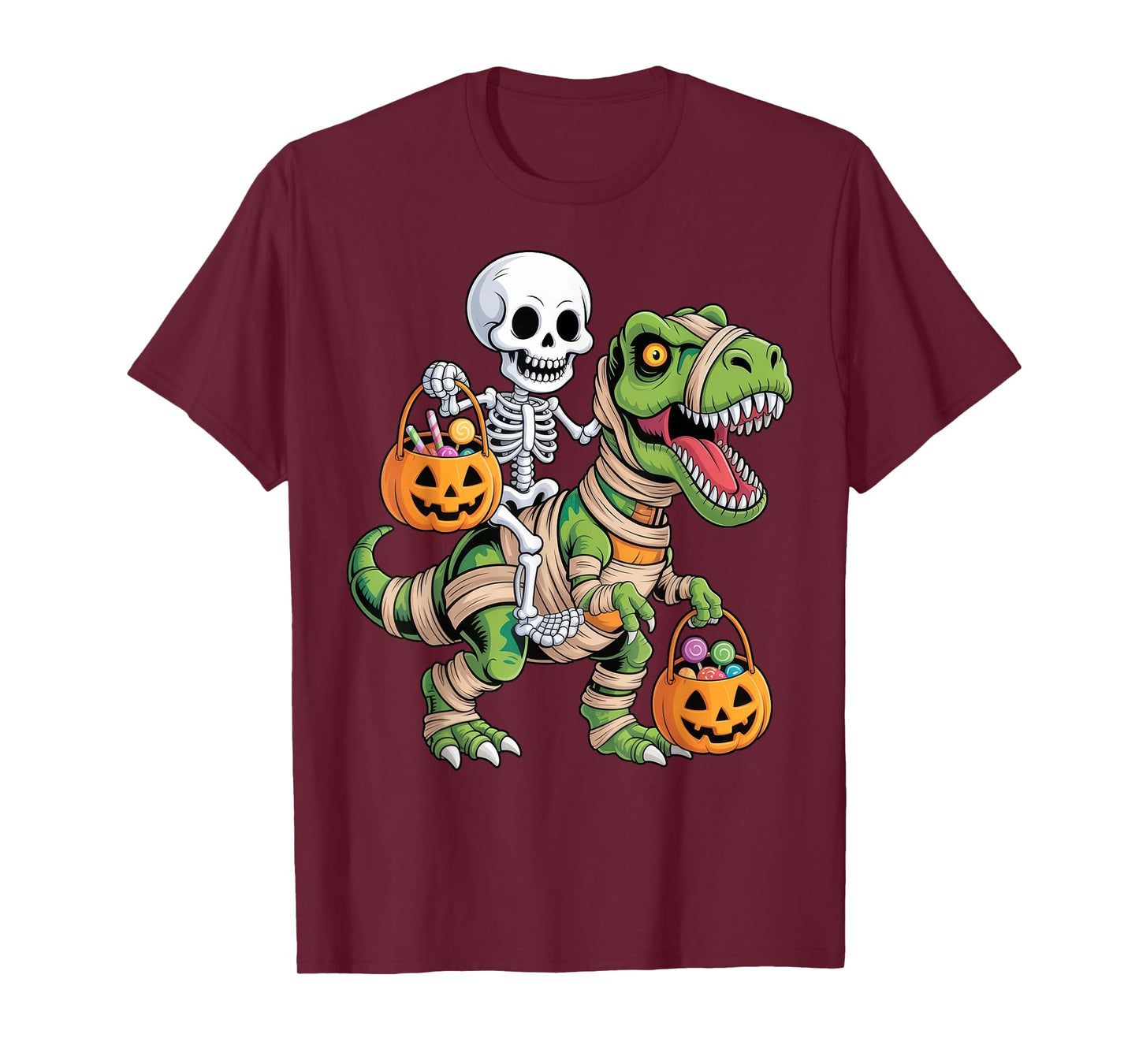 Skeleton Riding Mummy Dinosaur T rex Kids Boys Men Halloween T-Shirt