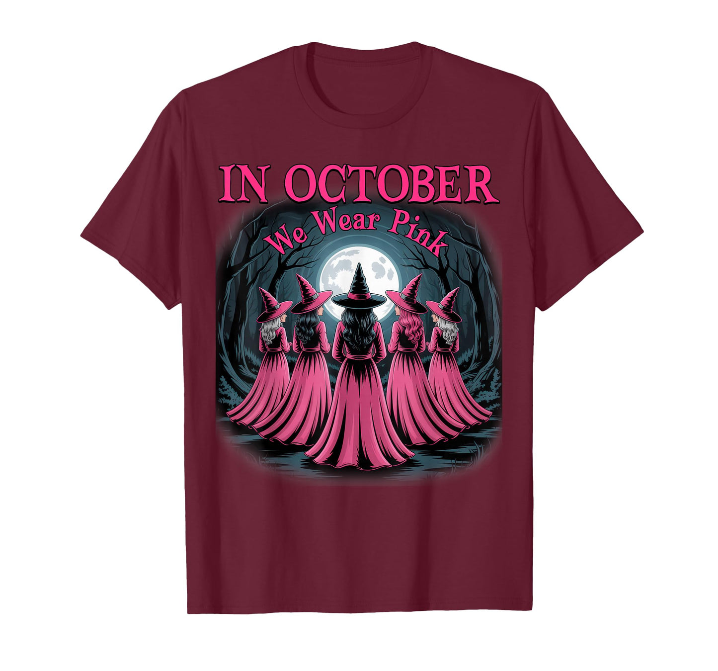 in October We Wear Pink Witch Halloween Breast Cancer Women T-Shirt