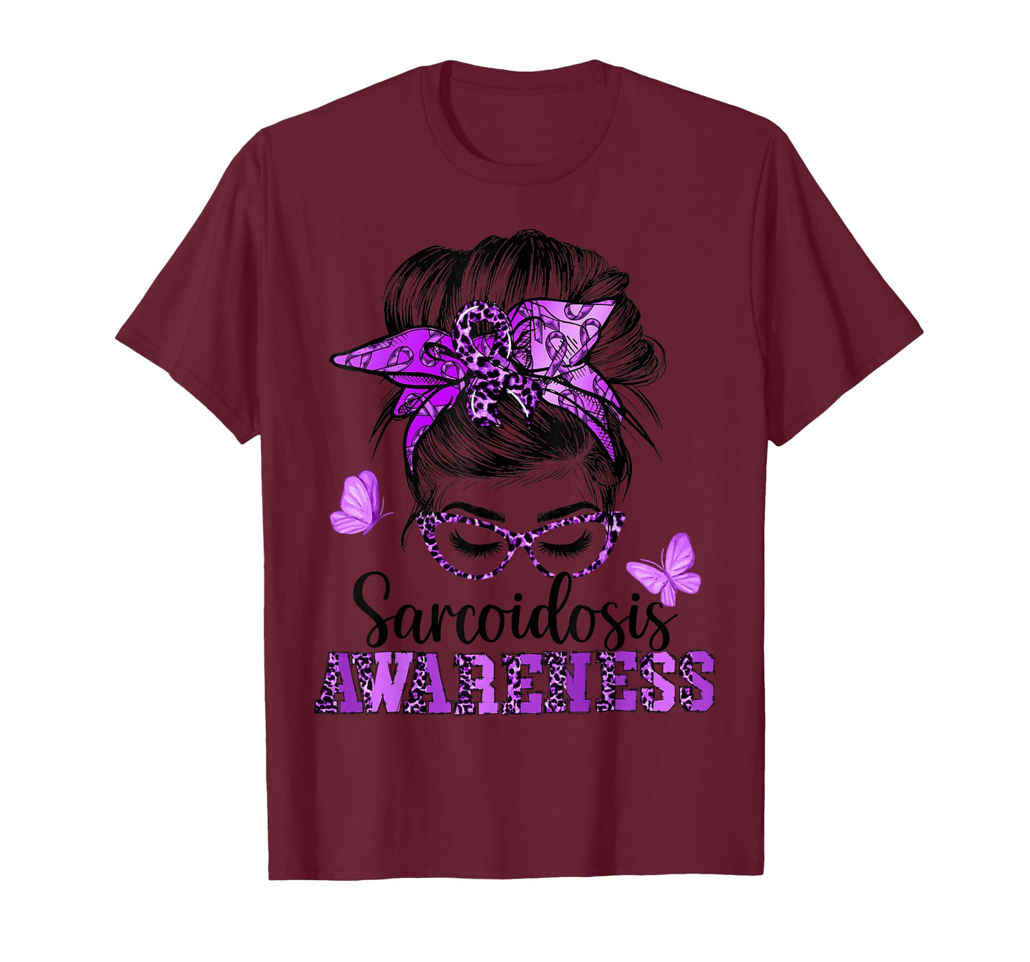 Messy Hair Bun Purple Ribbon Butterfly Sarcoidosis Awareness T-Shirt