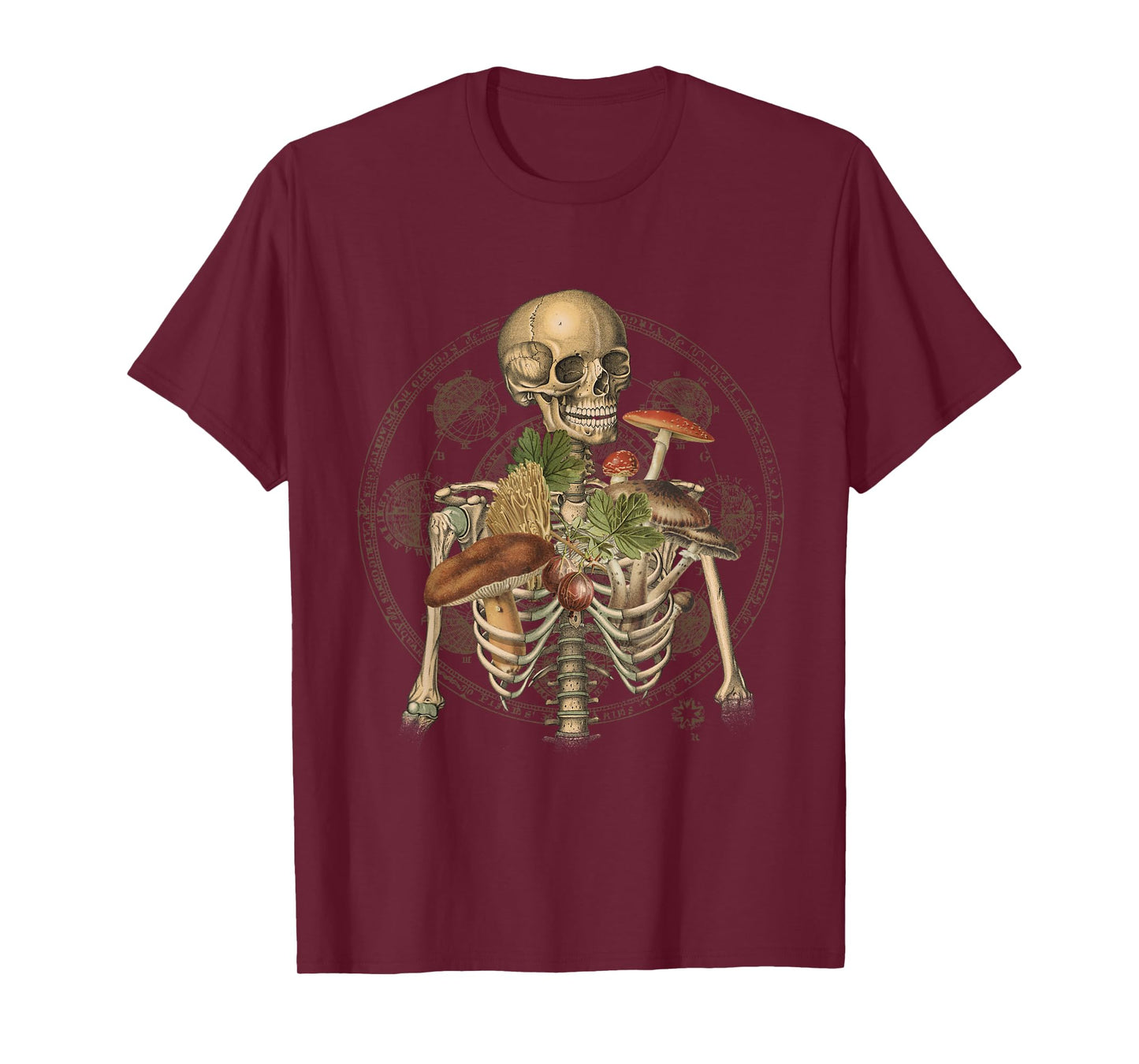 Goblincore Skeleton with Mushrooms Foraging Mycologist Fungi T-Shirt
