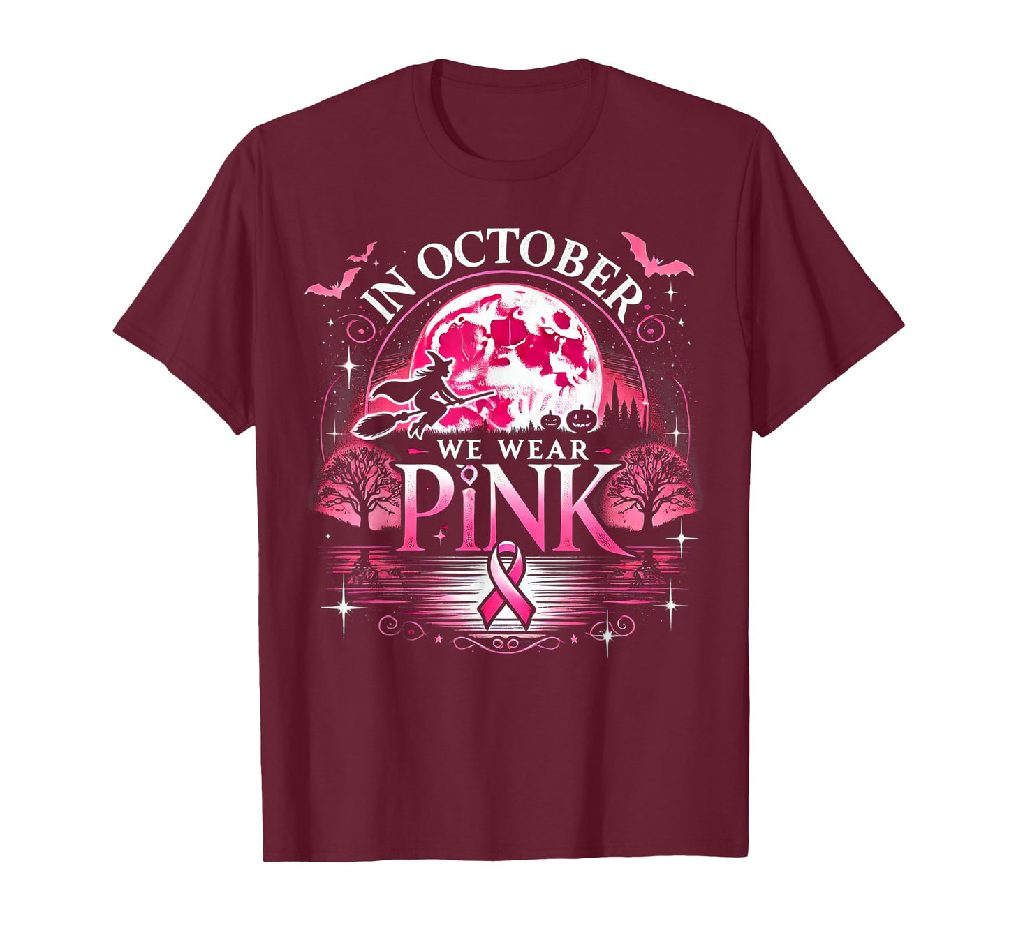 October We Wear Pink Witch Halloween Moon T-Shirt
