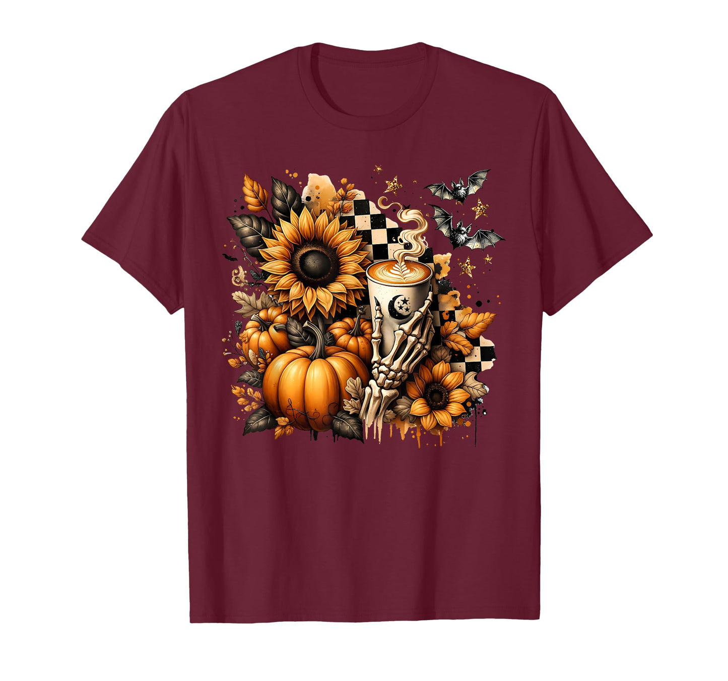 Skeleton Coffee Fall Halloween Pumpkin Spice Latte Sunflower T-Shirt