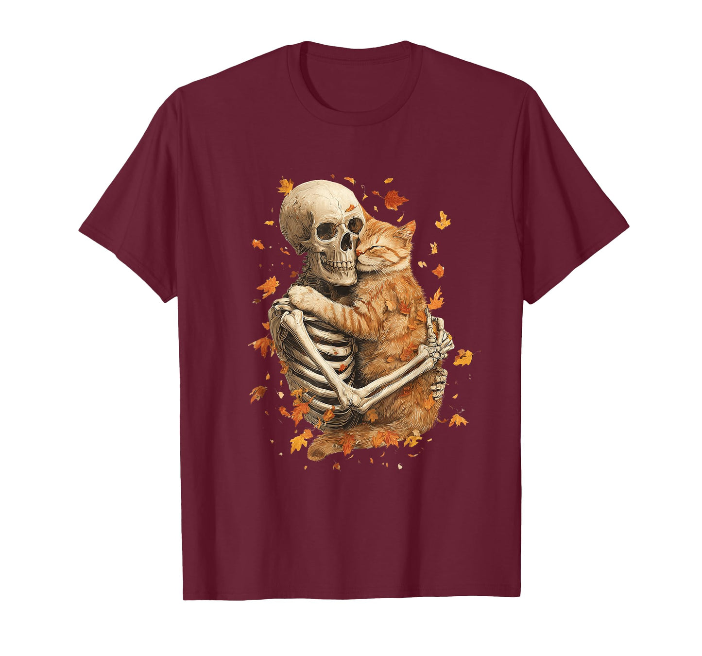 Skeleton Hug Cat Fall Leaves Funny Halloween Goth Spooky T-Shirt