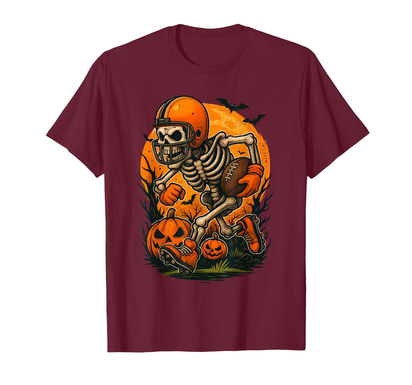 Halloween Skeleton Showing Football Skills Pumpkins Spooky T-Shirt