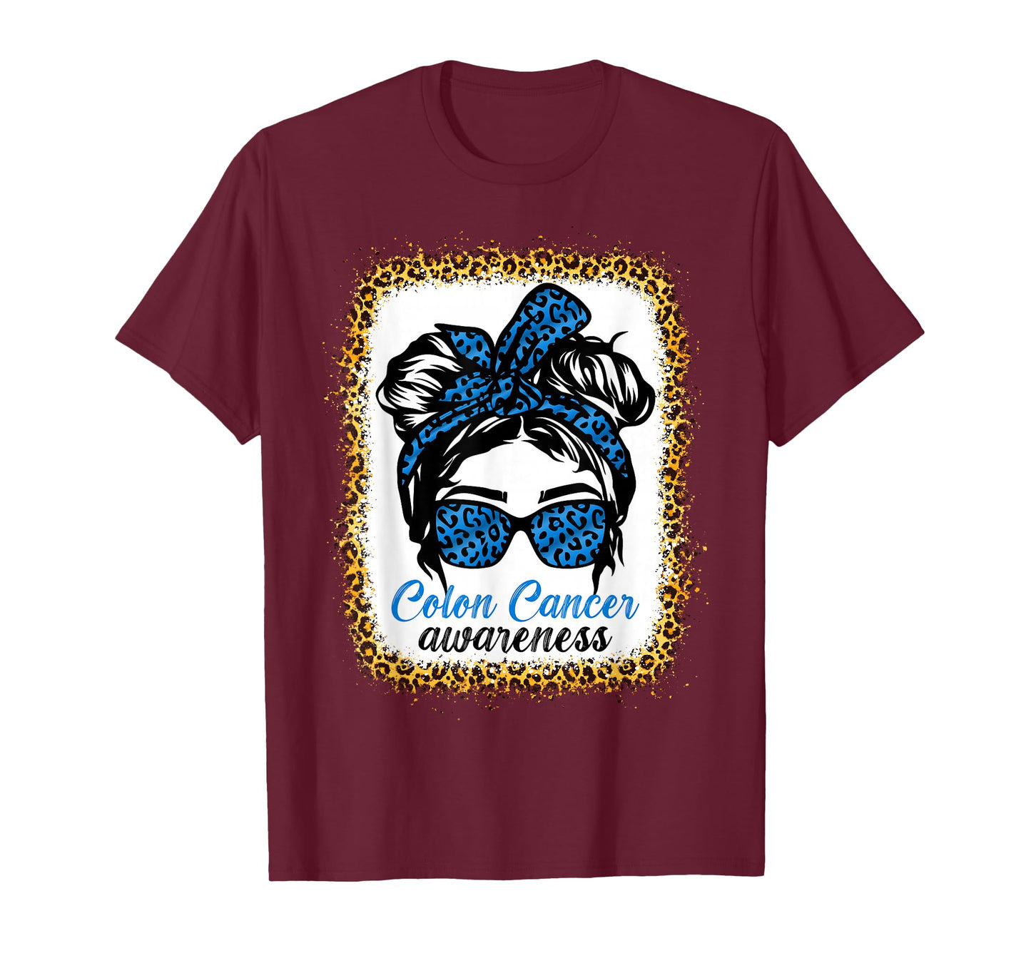 Messy bun Blue Colon Cancer Awareness Leopard Bleached T-Shirt