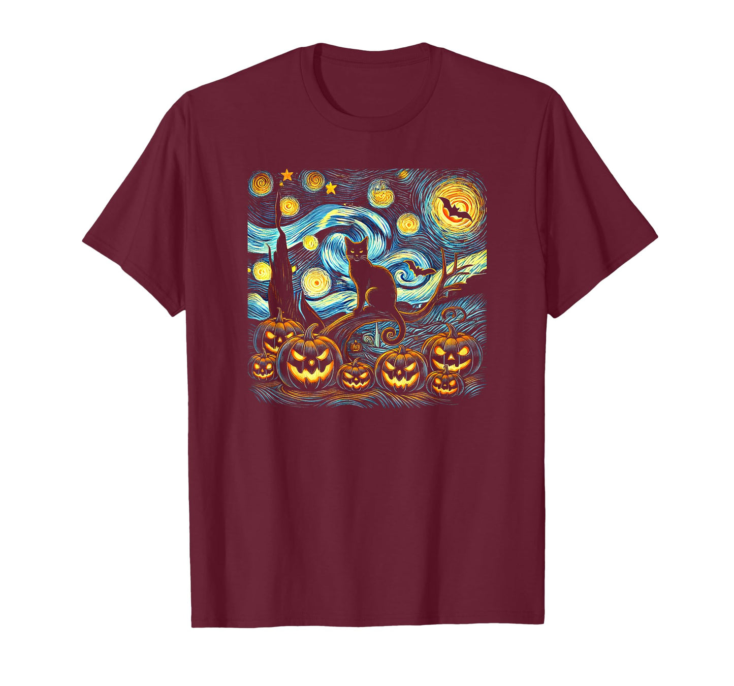 Halloween Van Gogh Starry Night Pumpkin Black Cat Costume T-Shirt