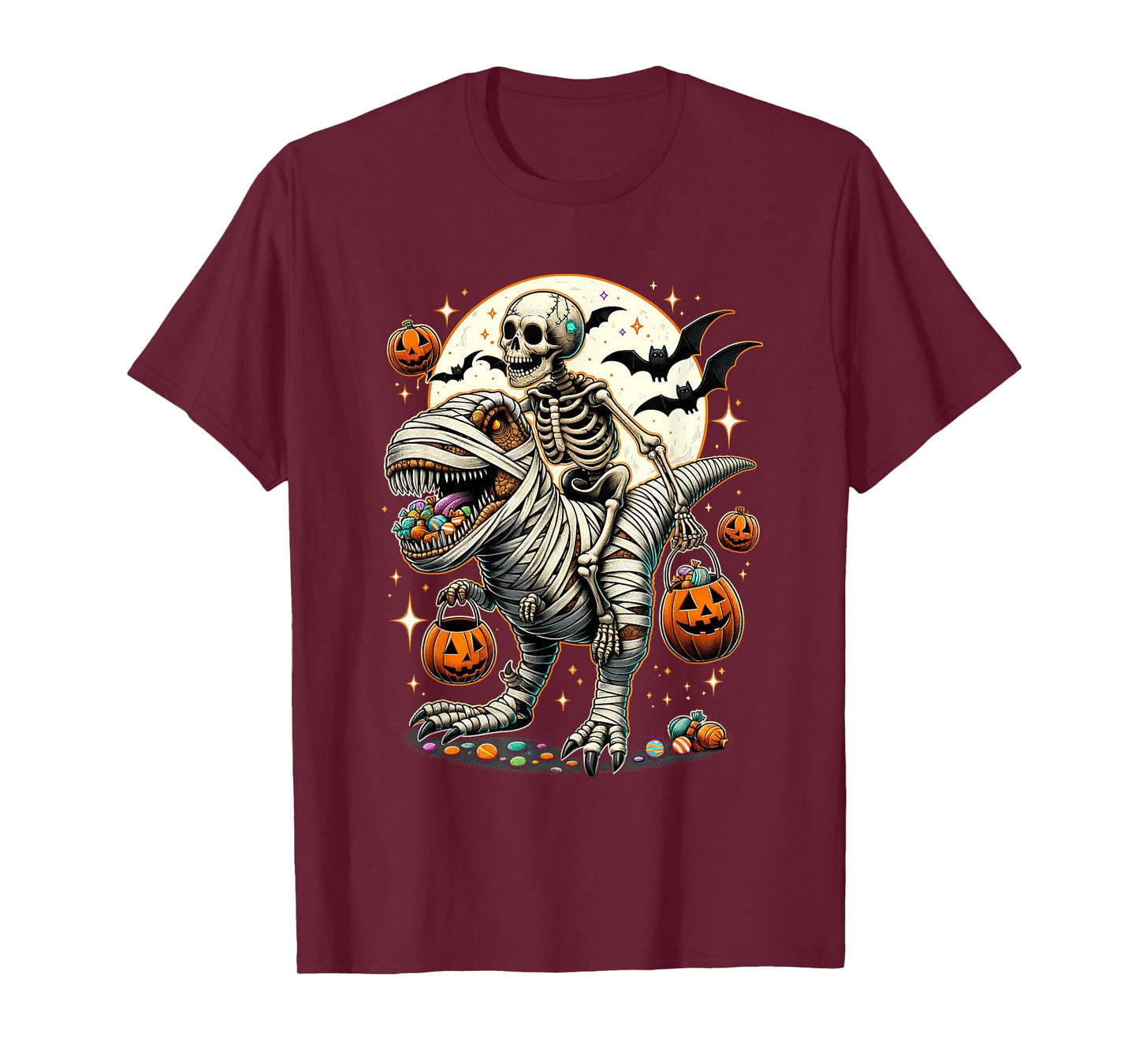 Skeleton Riding Mummy Dinosaur T Rex Kids Boys Men Halloween T-Shirt