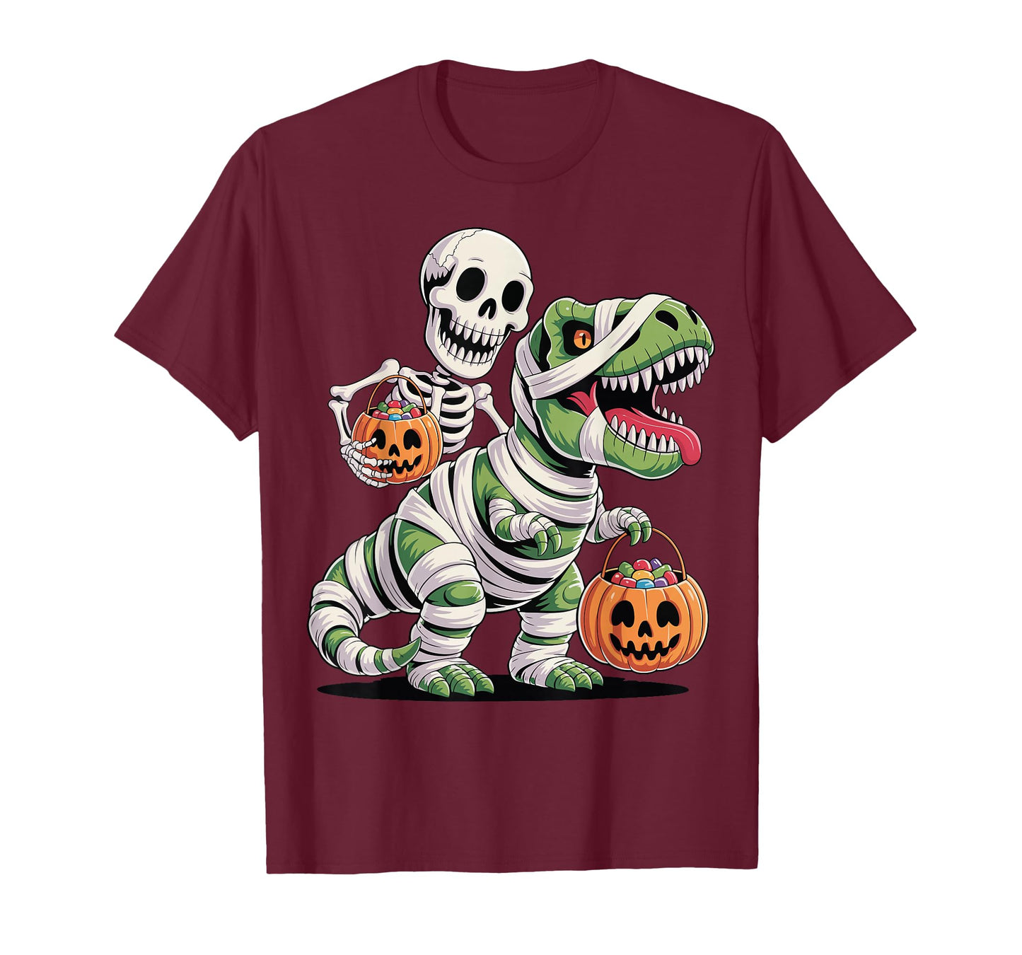 Skeleton Riding Mummy Dinosaur T Rex Funny Halloween T-Shirt