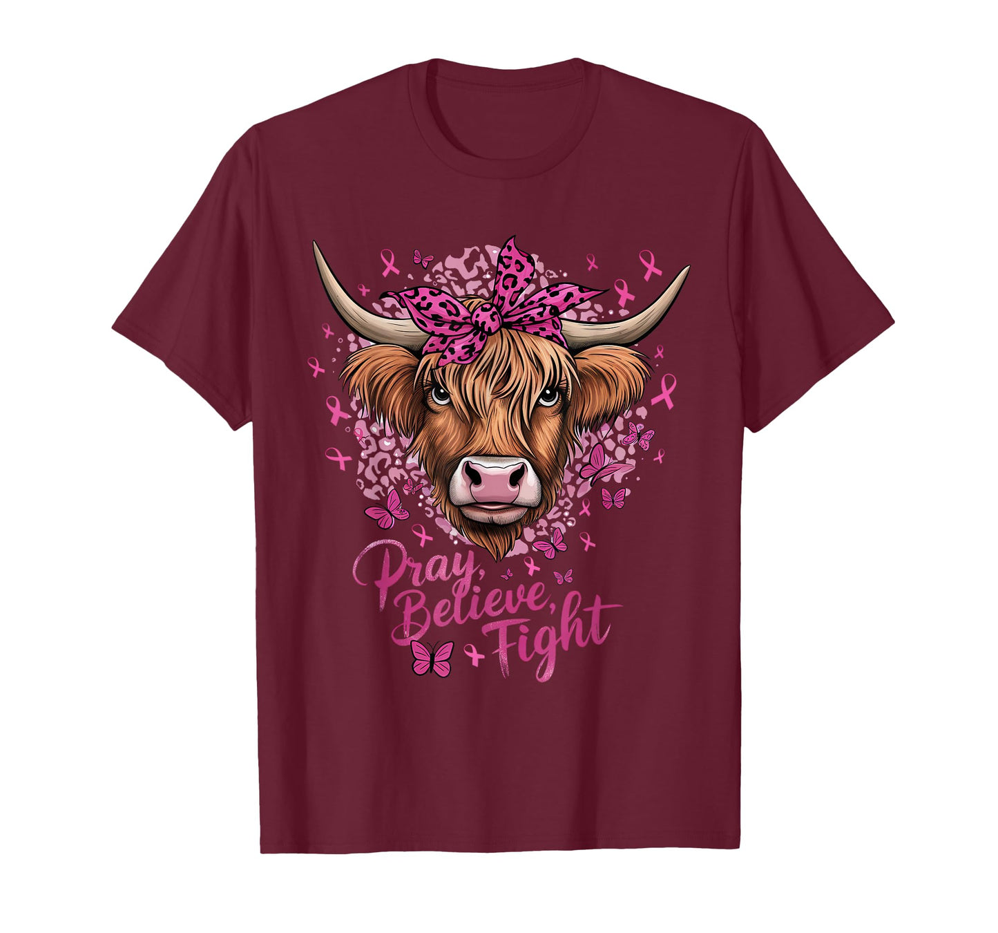 Highland Cow Pink Ribbon Breast Cancer Awareness T-Shirt
