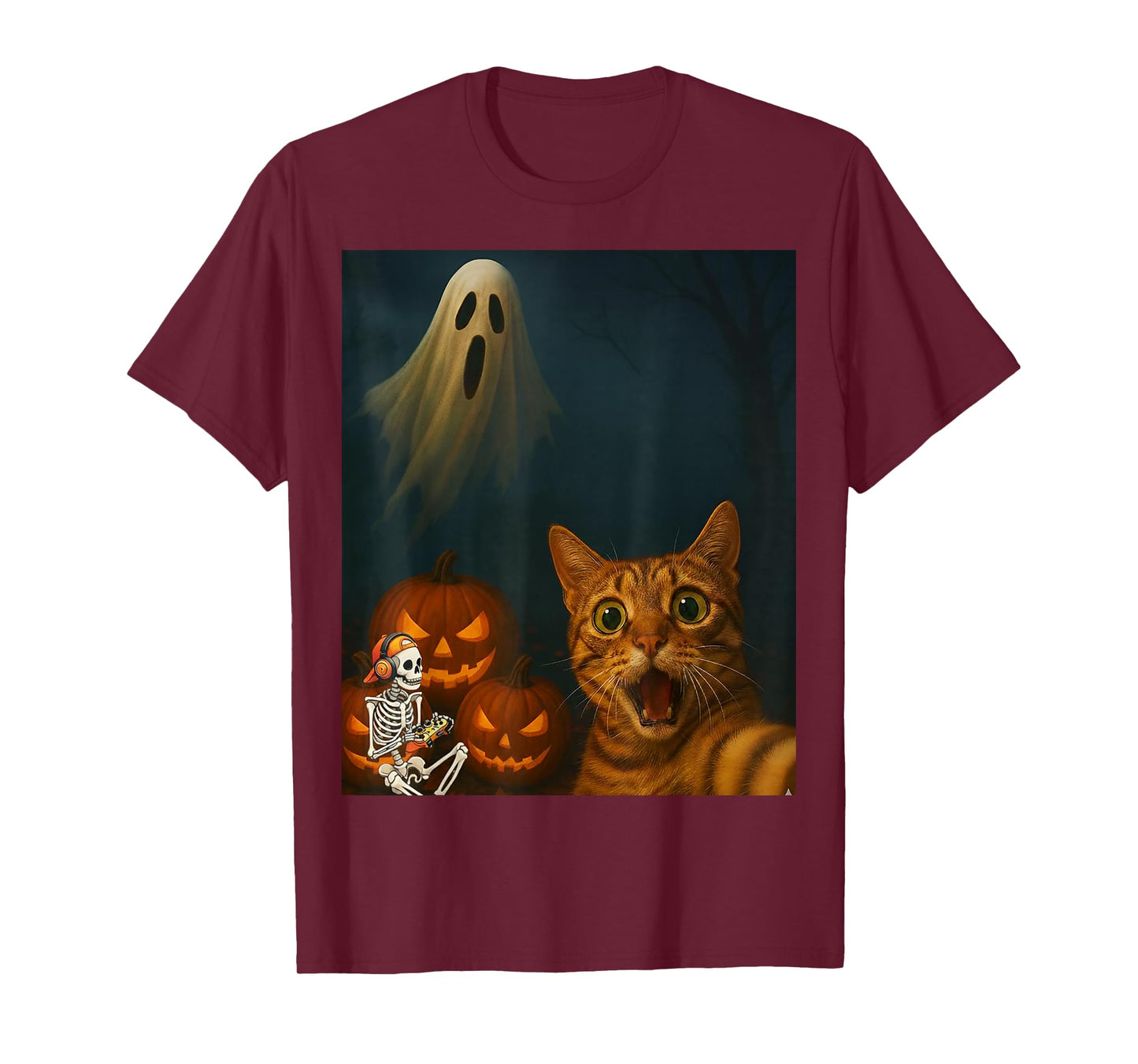 Funny Halloween Cat Selfie with Skeleton Ghost Video Game T-Shirt