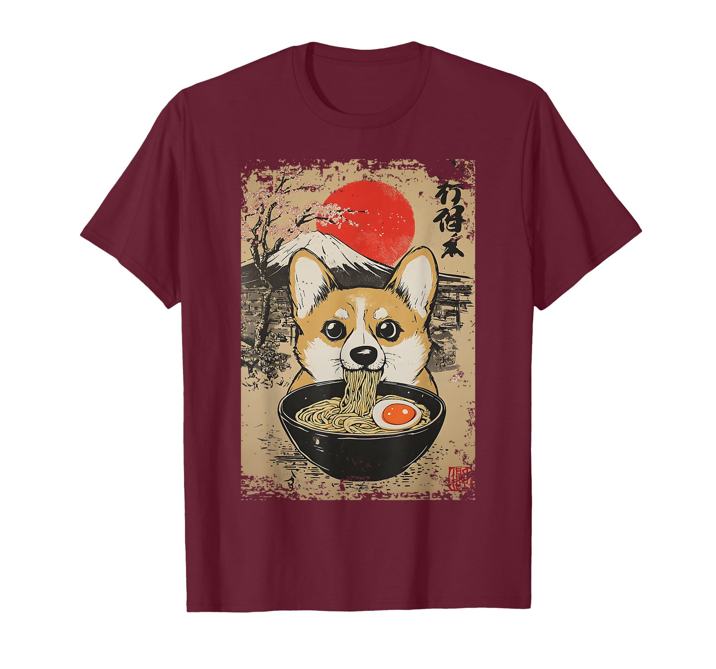 Corgi Ramen Slurp Sakura Mt Fuji Kawaii Pup Retro Japan Fun T-Shirt