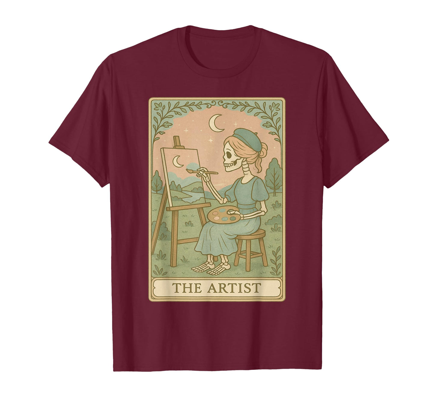 Skeleton Artist Painting Moon Vintage Tarot Style Gift T-Shirt
