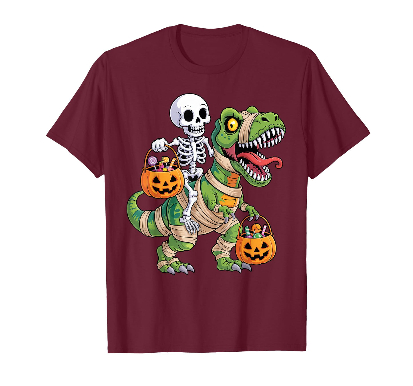 Skeleton Riding Mummy Dinosaur T rex Kids Boys Men Halloween T-Shirt