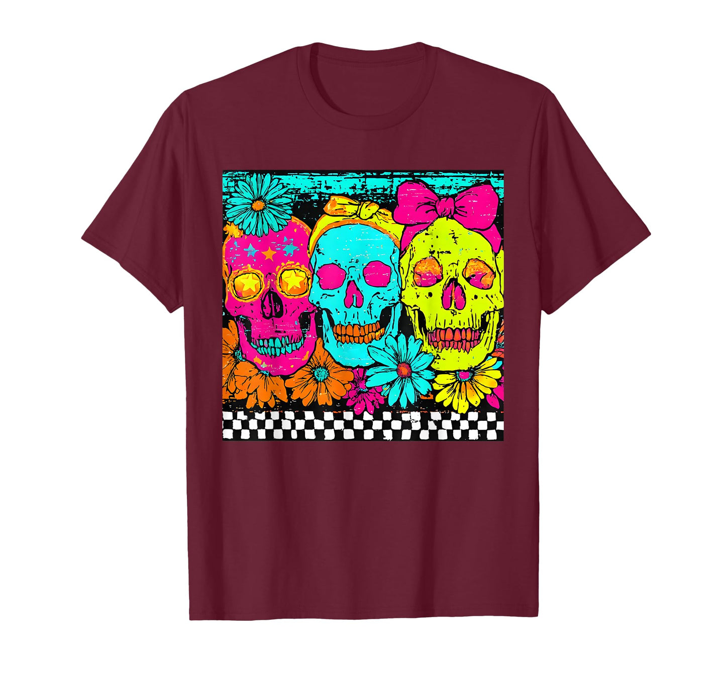 Vintage Mistresses Skull Skeleton Flower Checkered Halloween T-Shirt