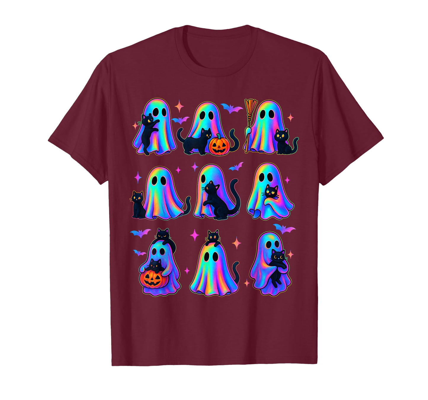 Floral Color Ghost Holding A Black Cat Lazy Spooky Halloween T-Shirt