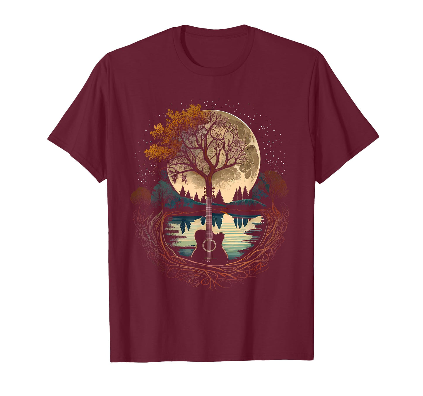 Acoustic Guitar Tree and Moon By The Lake Guitarist T-Shirt