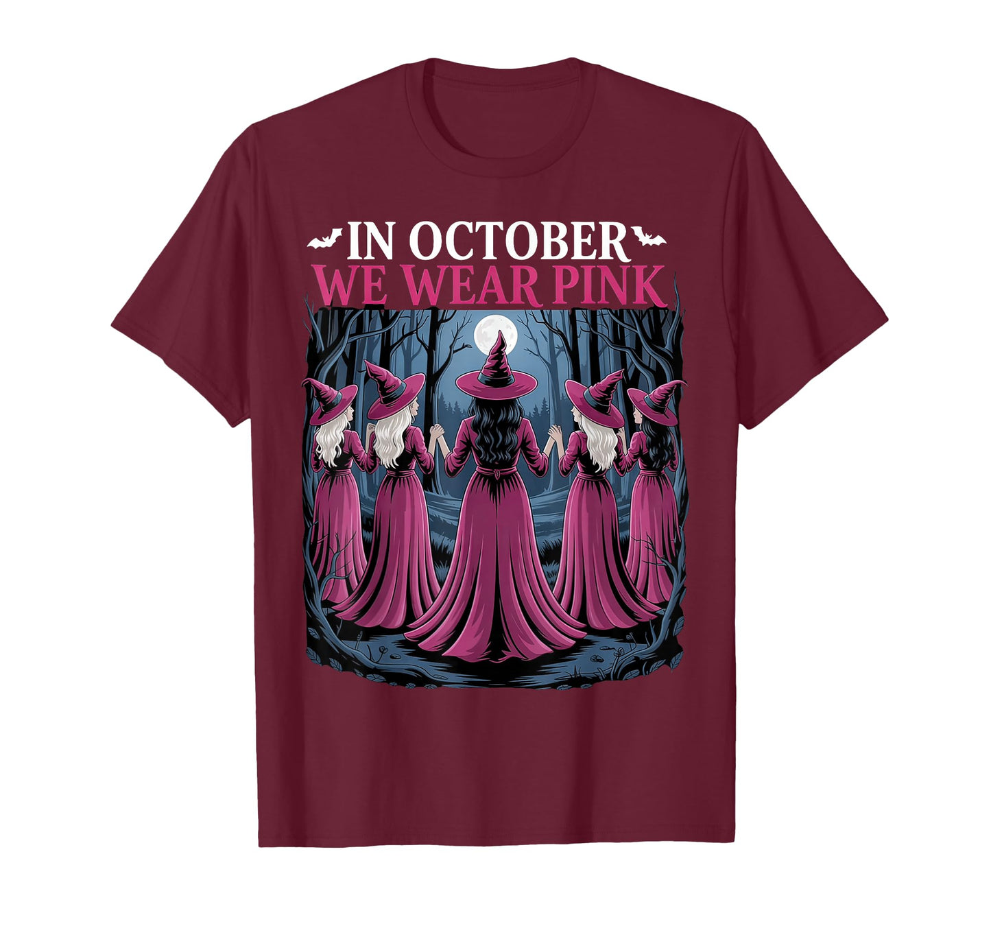 in October We Wear Pink Witch Halloween Breast Cancer T-Shirt