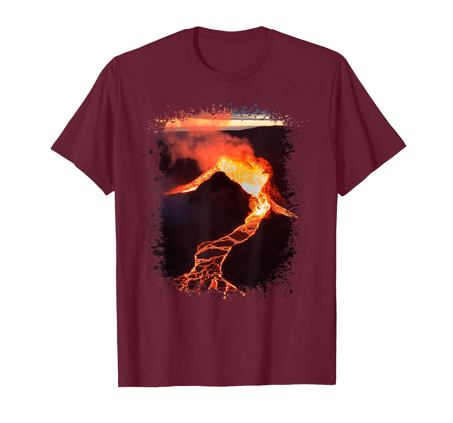 Volcano In Iceland With Lava Flow Photo Splatter Art Design T-Shirt