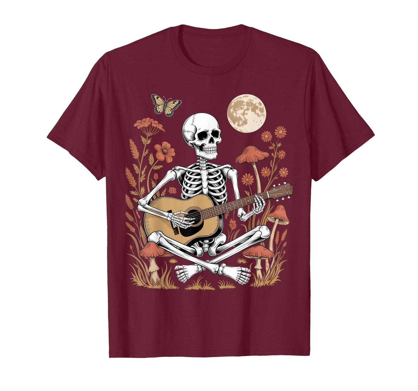 Skeleton Playing Guitar Under Moon with Wildflowers Mushroom T-Shirt
