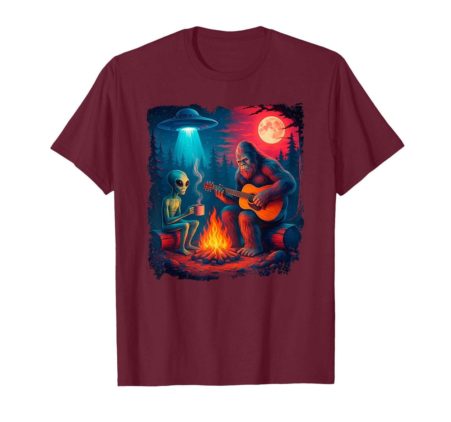 Alien and Bigfoot Campfire Moon UFO Adventure Hiking Cryptid T-Shirt