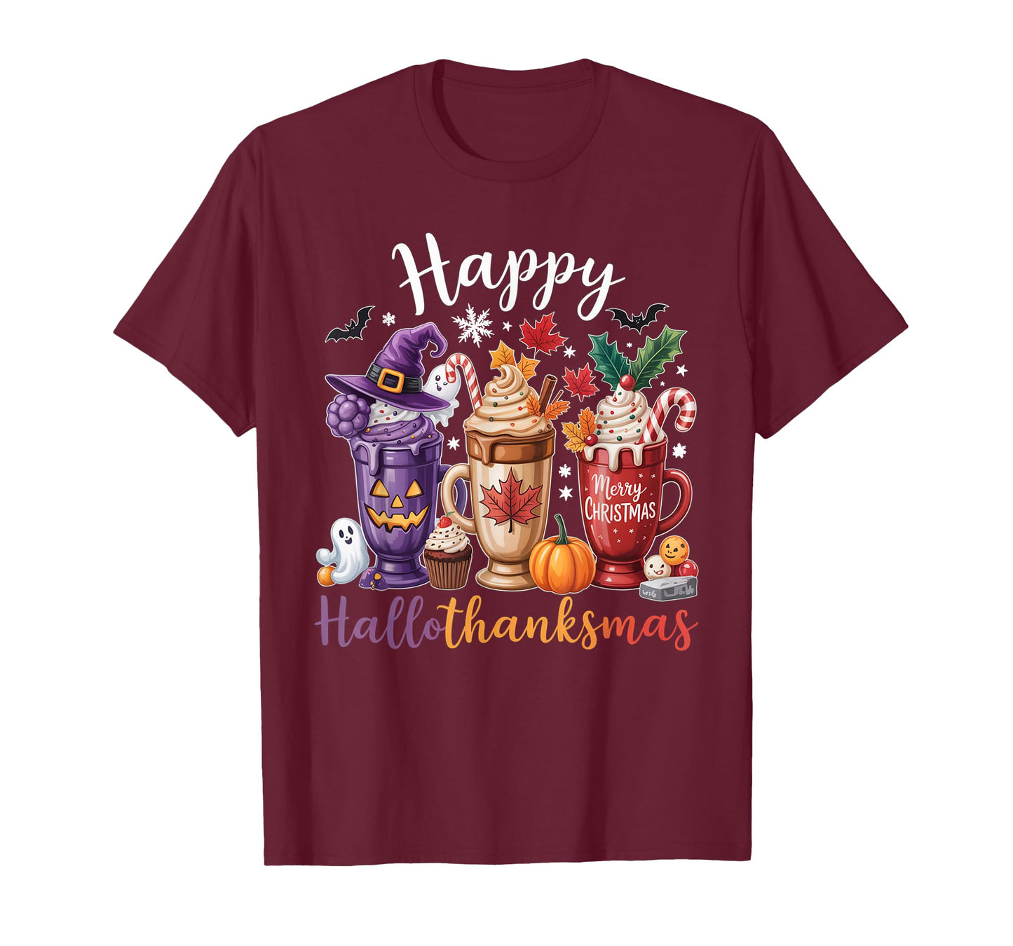 Happy Hallothanksmas Coffee Lover Halloween Merry Christmas T-Shirt