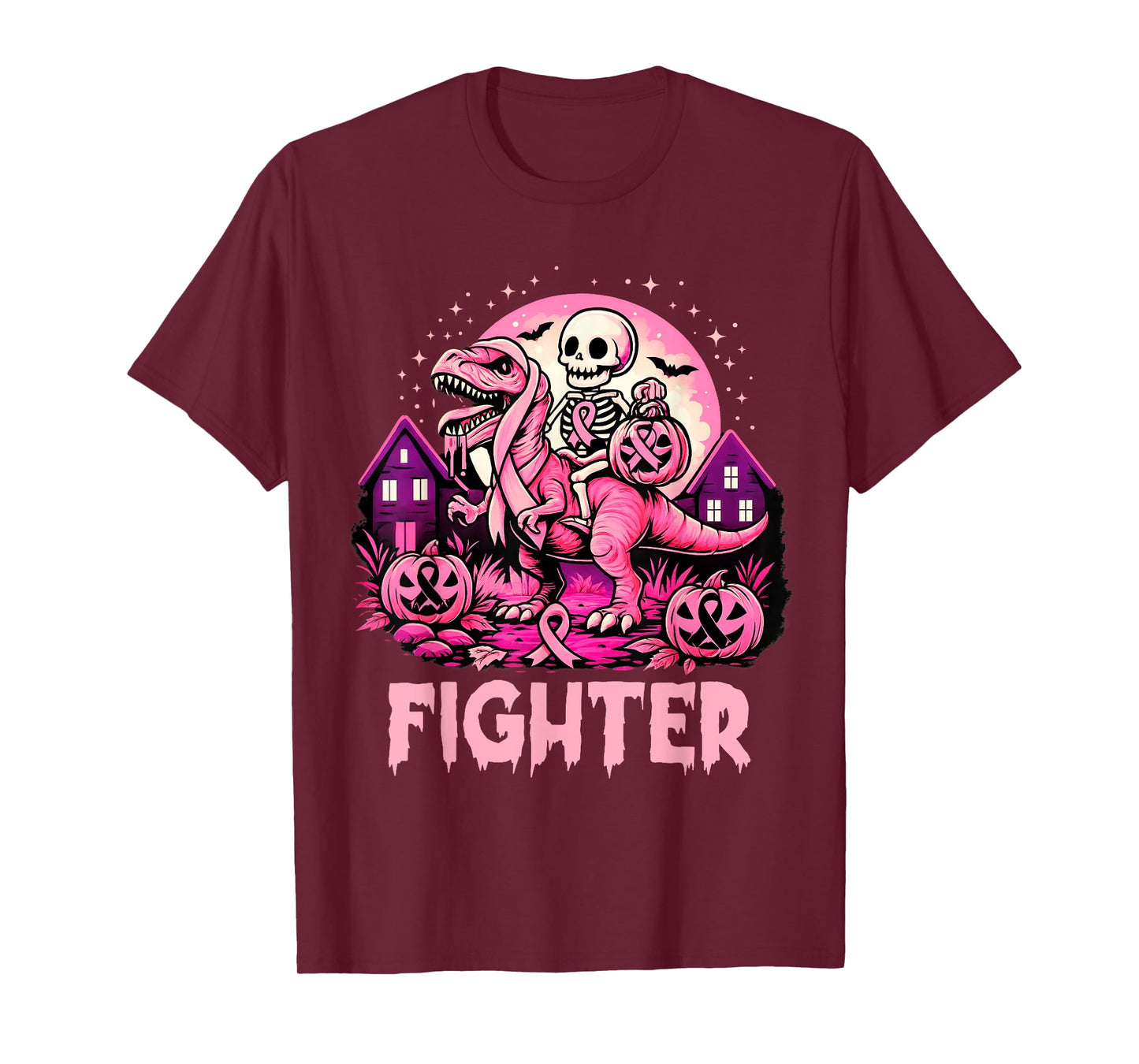 Skeleton Dinosaur T Rex Scary Pumpkin Breast Cancer Fighter T-Shirt