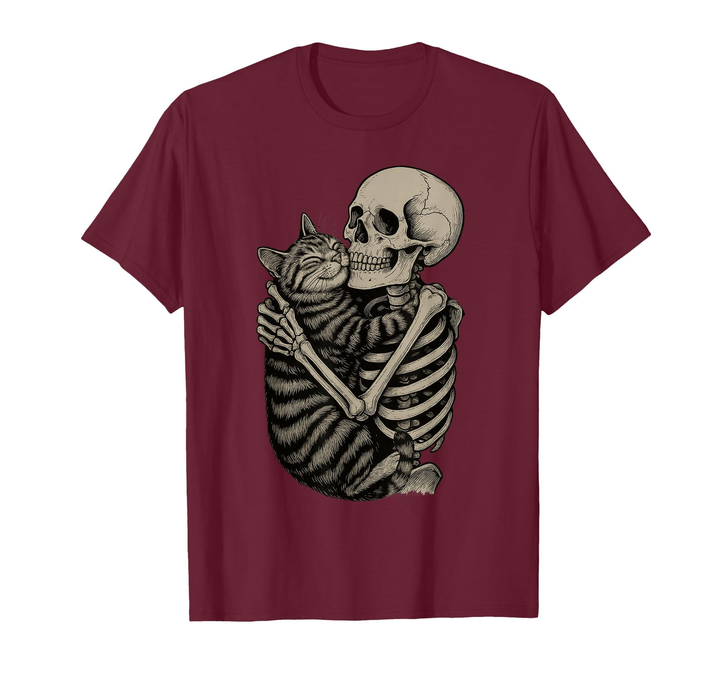 Funny Skeleton Hugging Cat Halloween Cat Lover Cat Mom Women T-Shirt