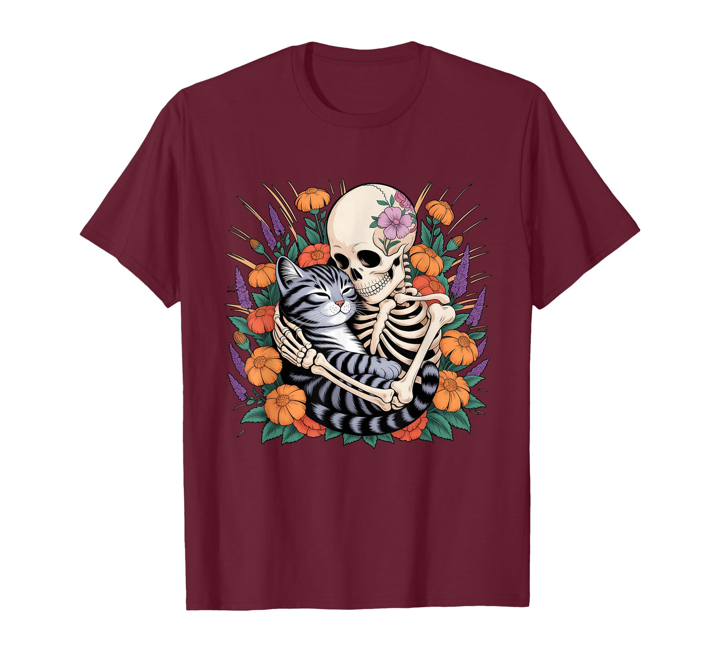 Skeleton Hugging A Cat Surrounded by Flowers Halloween Theme T-Shirt