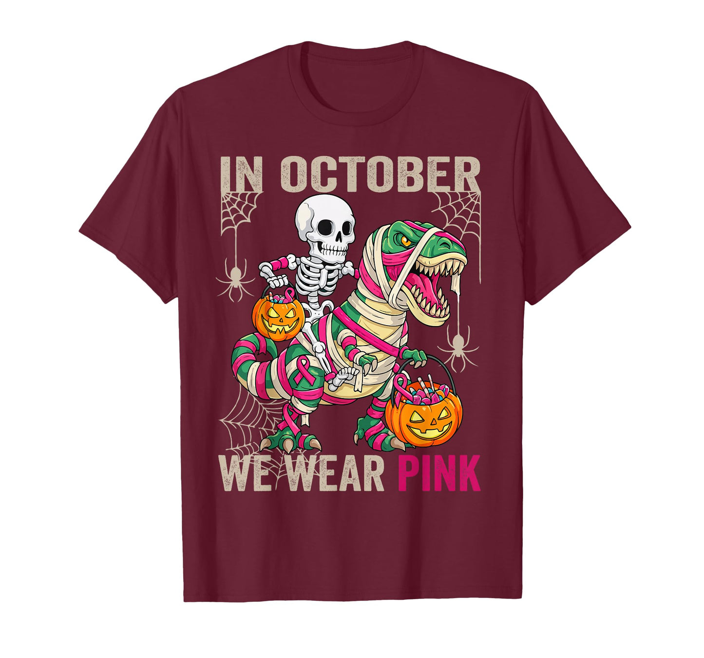 in October We Wear Pink Dinosaur Skeleton Halloween T-Shirt