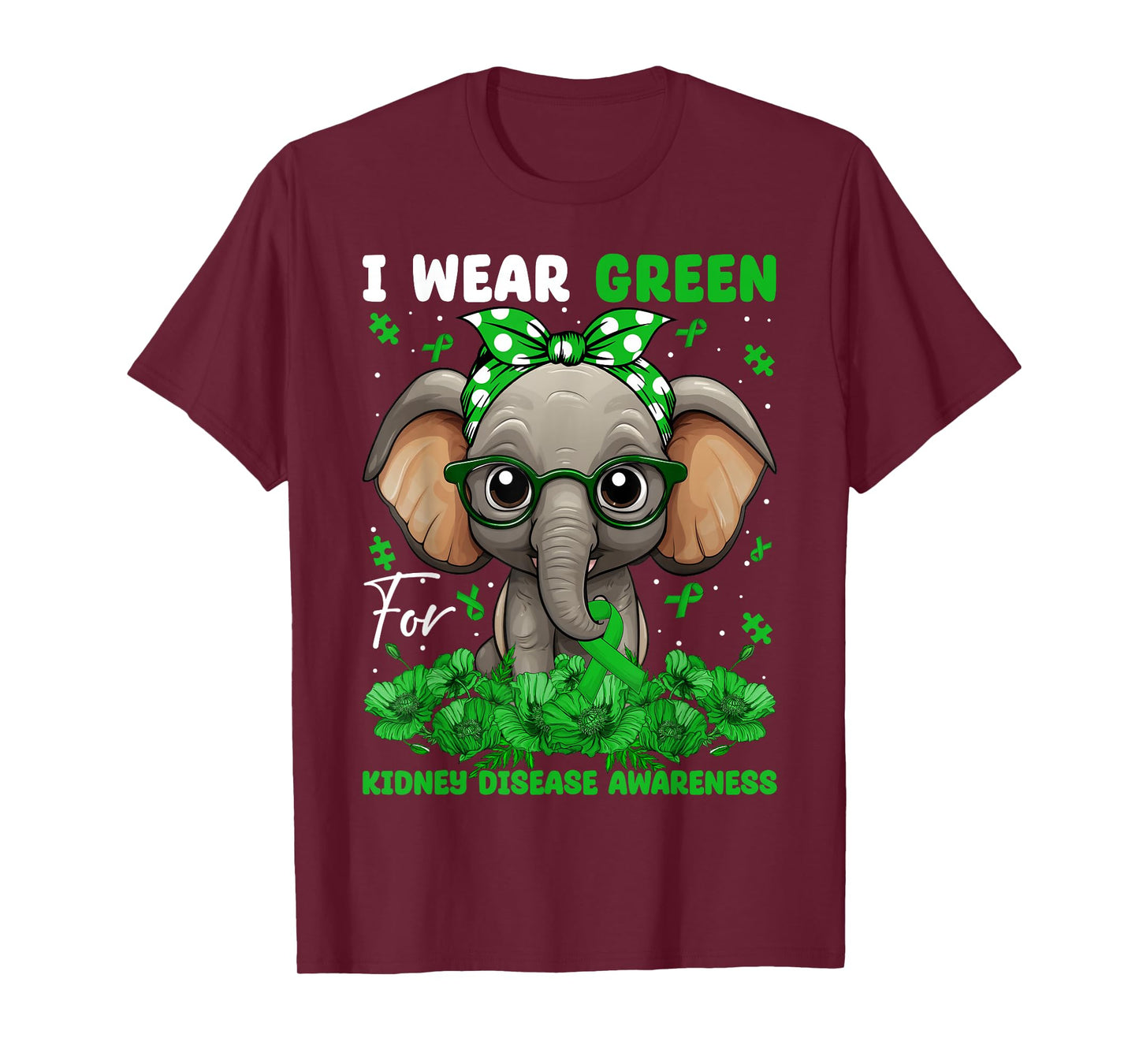 I Wear Green For Kidney Disease Awareness Elephant & Bandana T-Shirt
