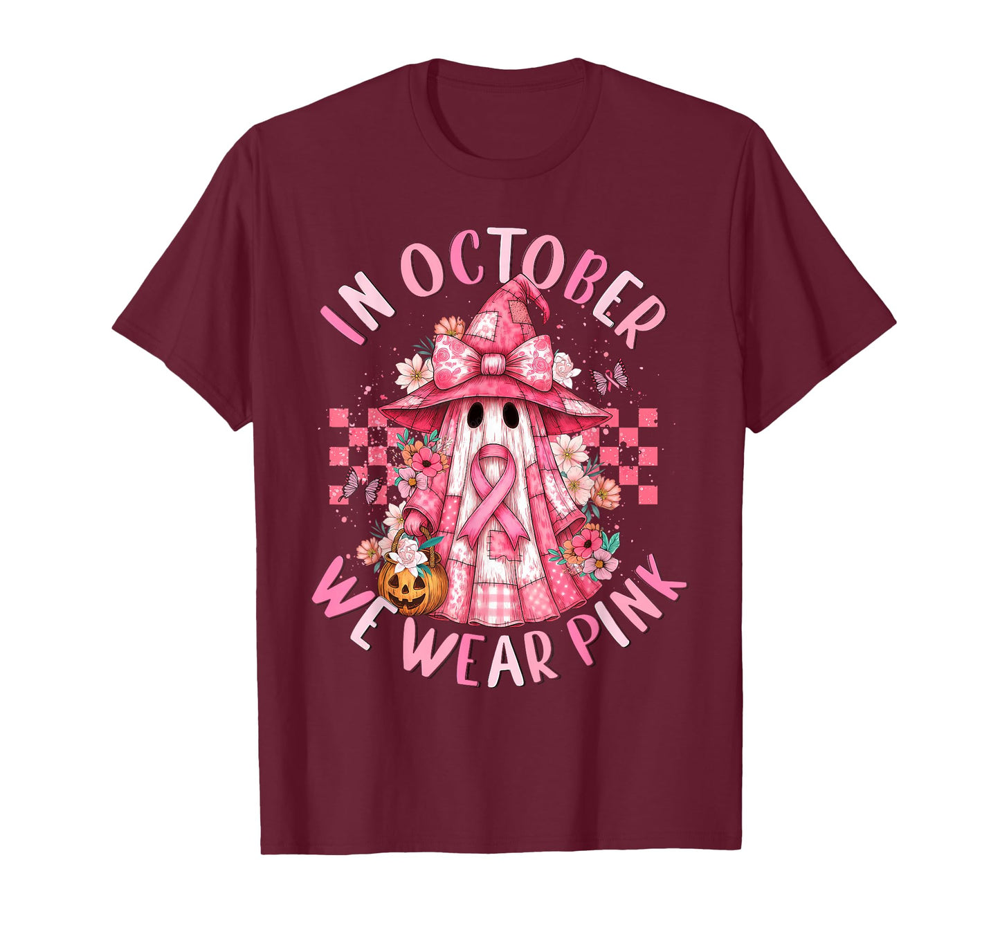 in October We Wear Pink Ghost Witch Breast Cancer Awareness T-Shirt