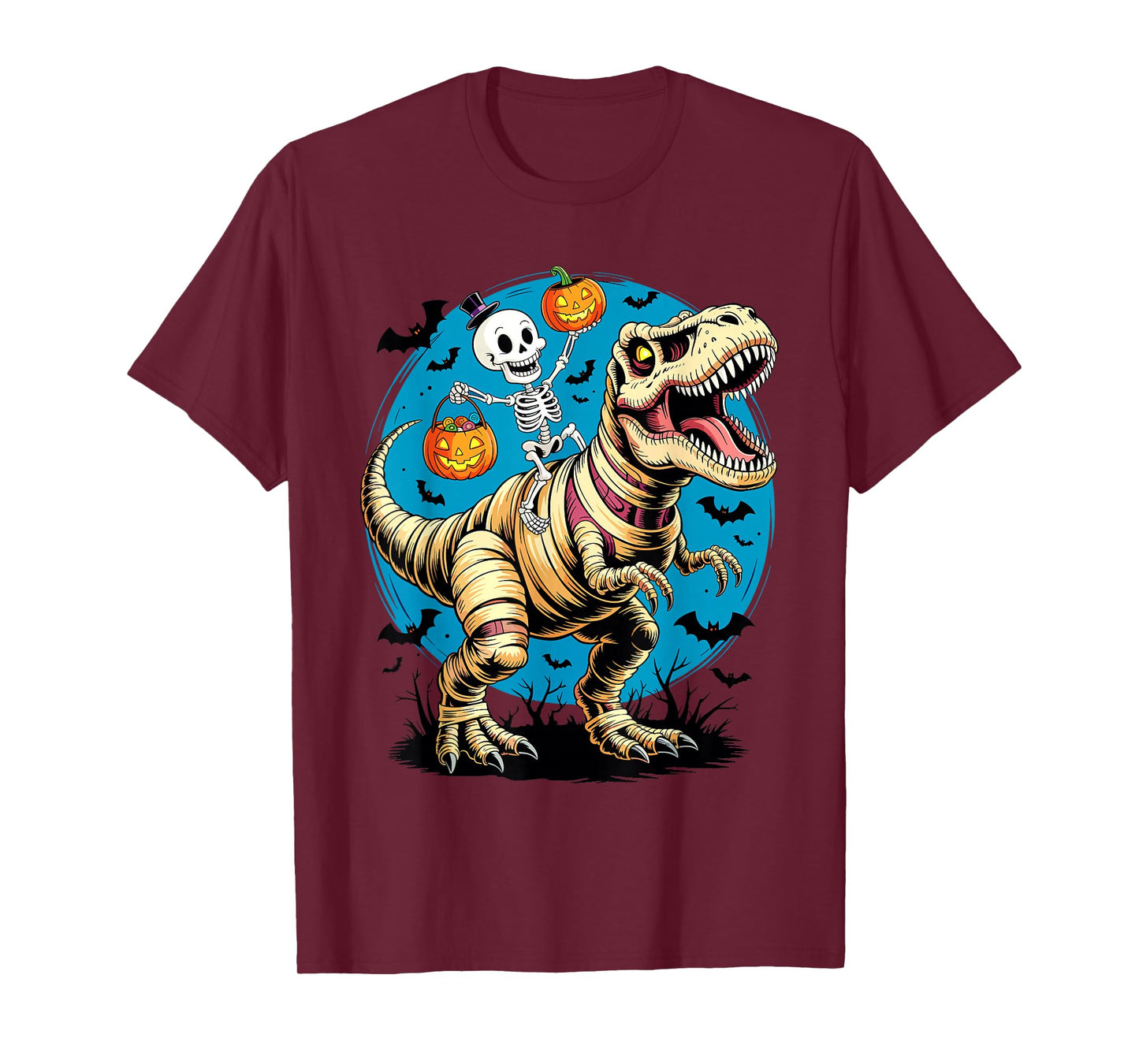 Skeleton Riding Mummy Dinosaur T rex Halloween Funny Pumpkin T-Shirt