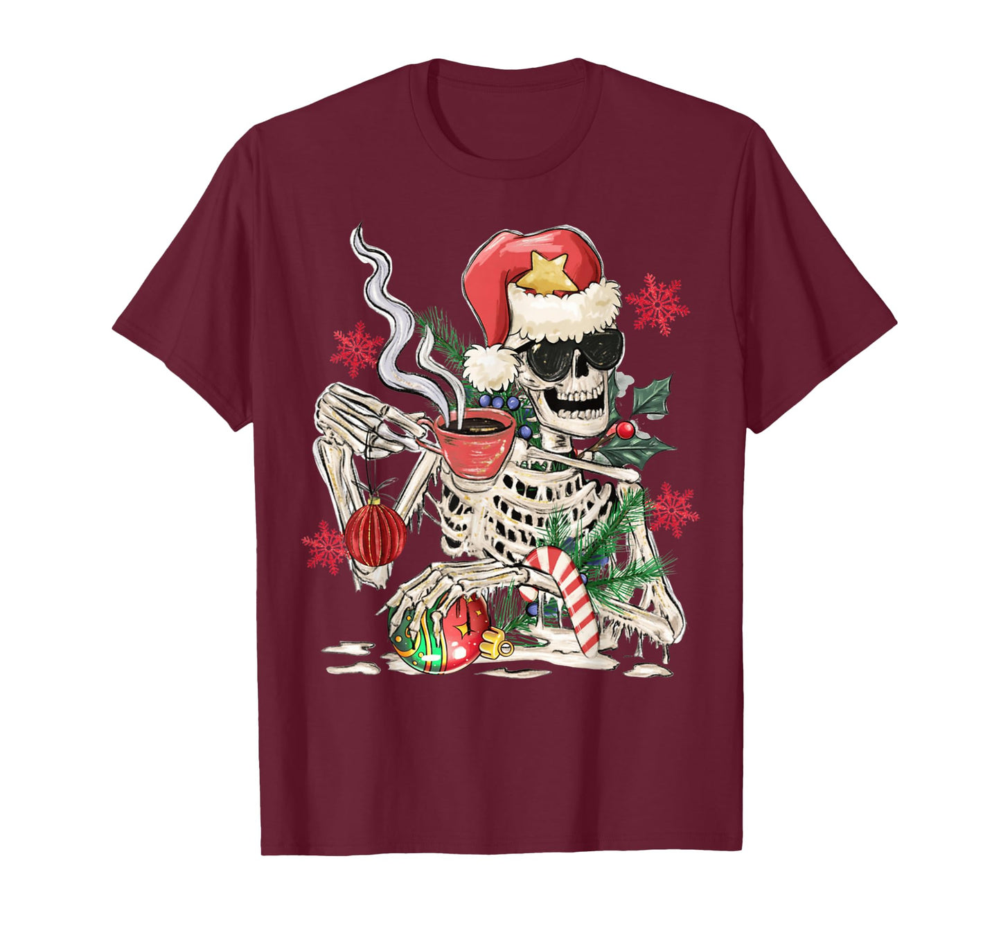 Santa Skeleton Drinking Coffee Funny Christmas Holiday T-Shirt