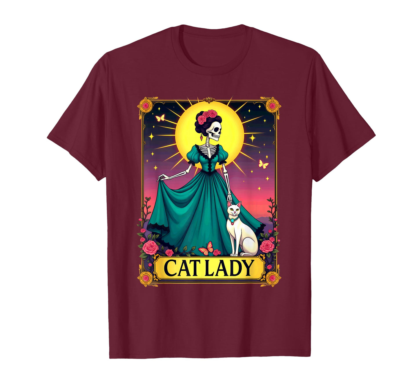Retro Cat Lady Tarot Card Skeleton Halloween T-Shirt