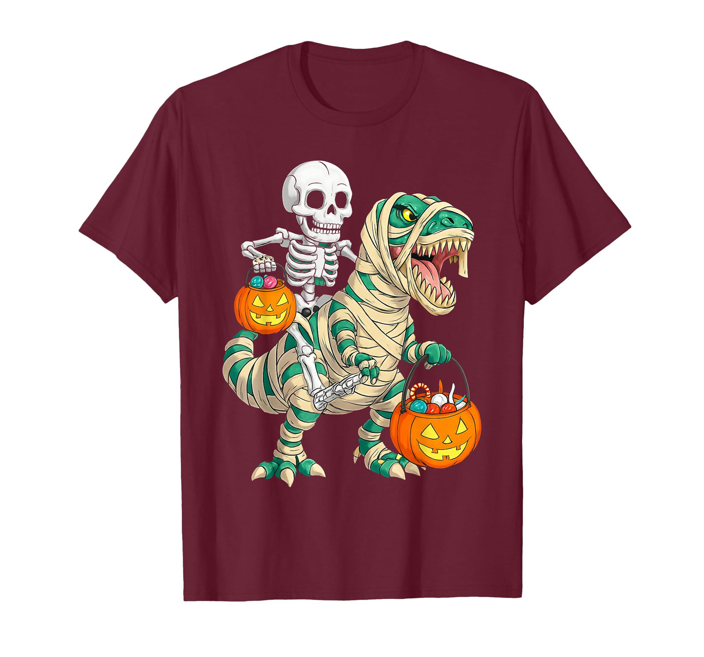 Skeleton Riding Mummy Dinosaur T rex Halloween Funny Pumpkin T-Shirt