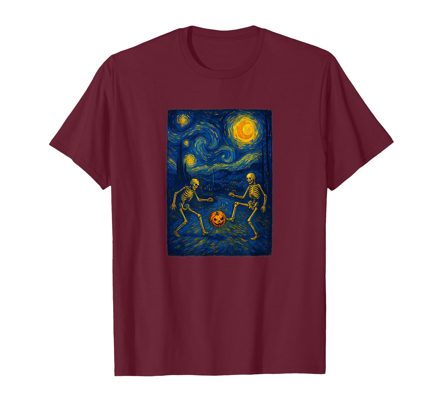 Starry Night Skeleton Pumpkin Soccer Spooky Halloween T-Shirt