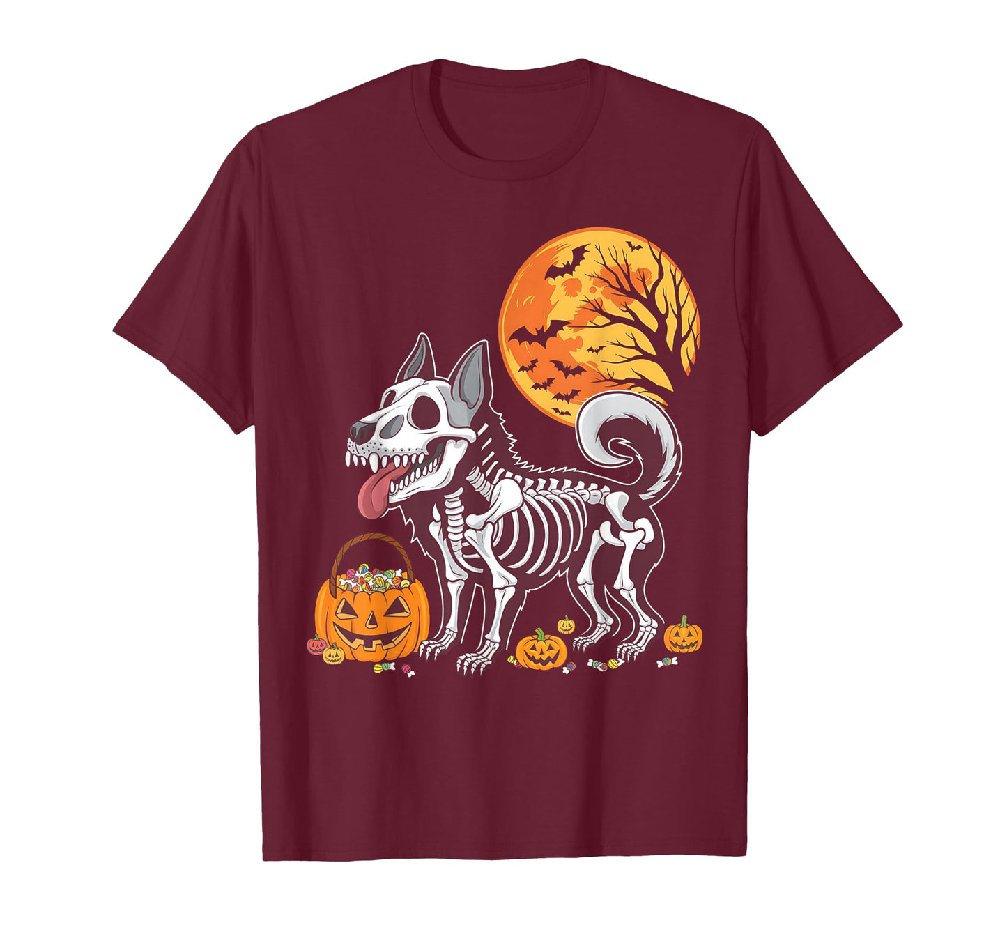 Belgian Malinois Dog Skeleton Scary Pumpkin Moon Halloween T-Shirt