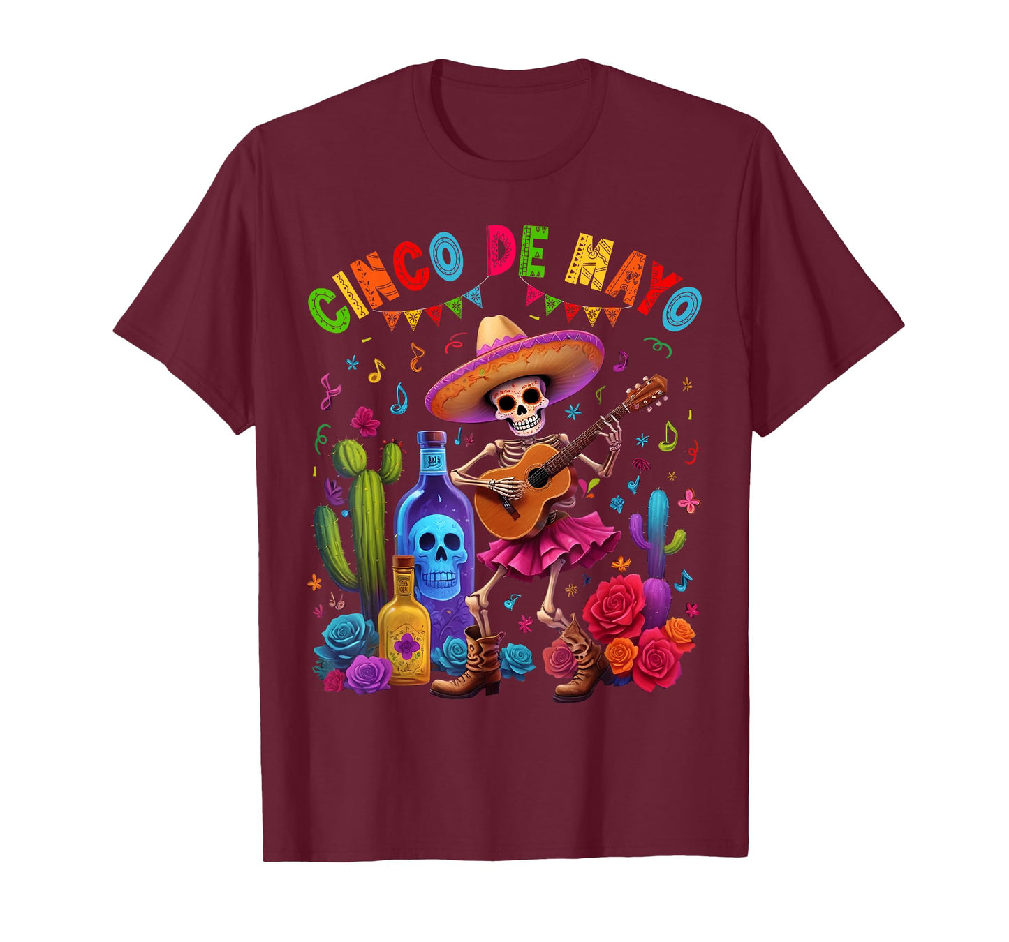 Cinco De Mayo Fiesta Funny Mexican Skeleton Guitar Men Women T-Shirt