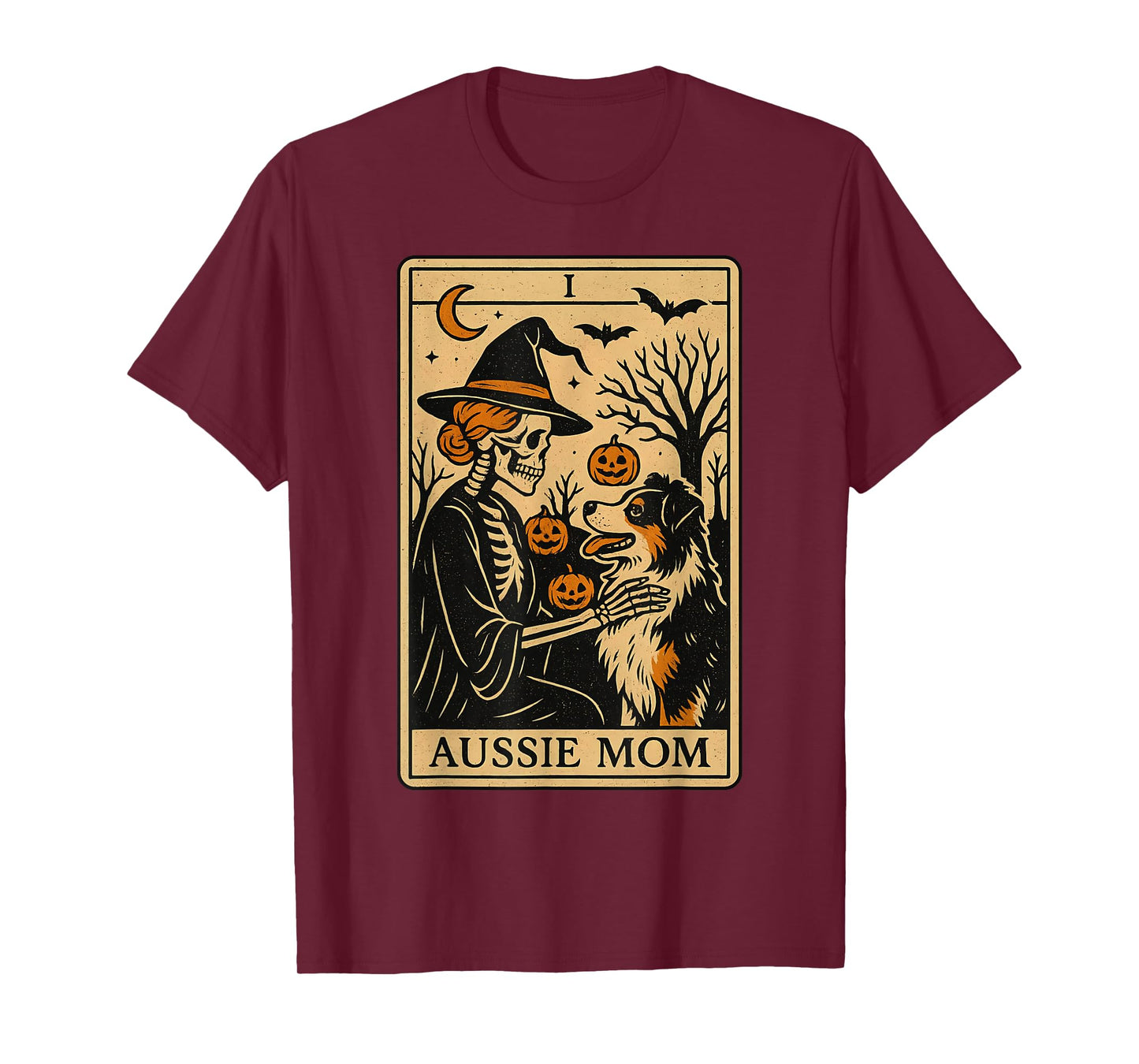 Aussie Mom Tarot Card Skeleton Australian Shepherd Halloween T-Shirt