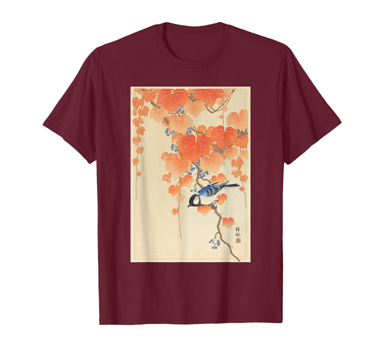 Vintage Japanese Art Naturalist Blue Song Bird Painting T-Shirt