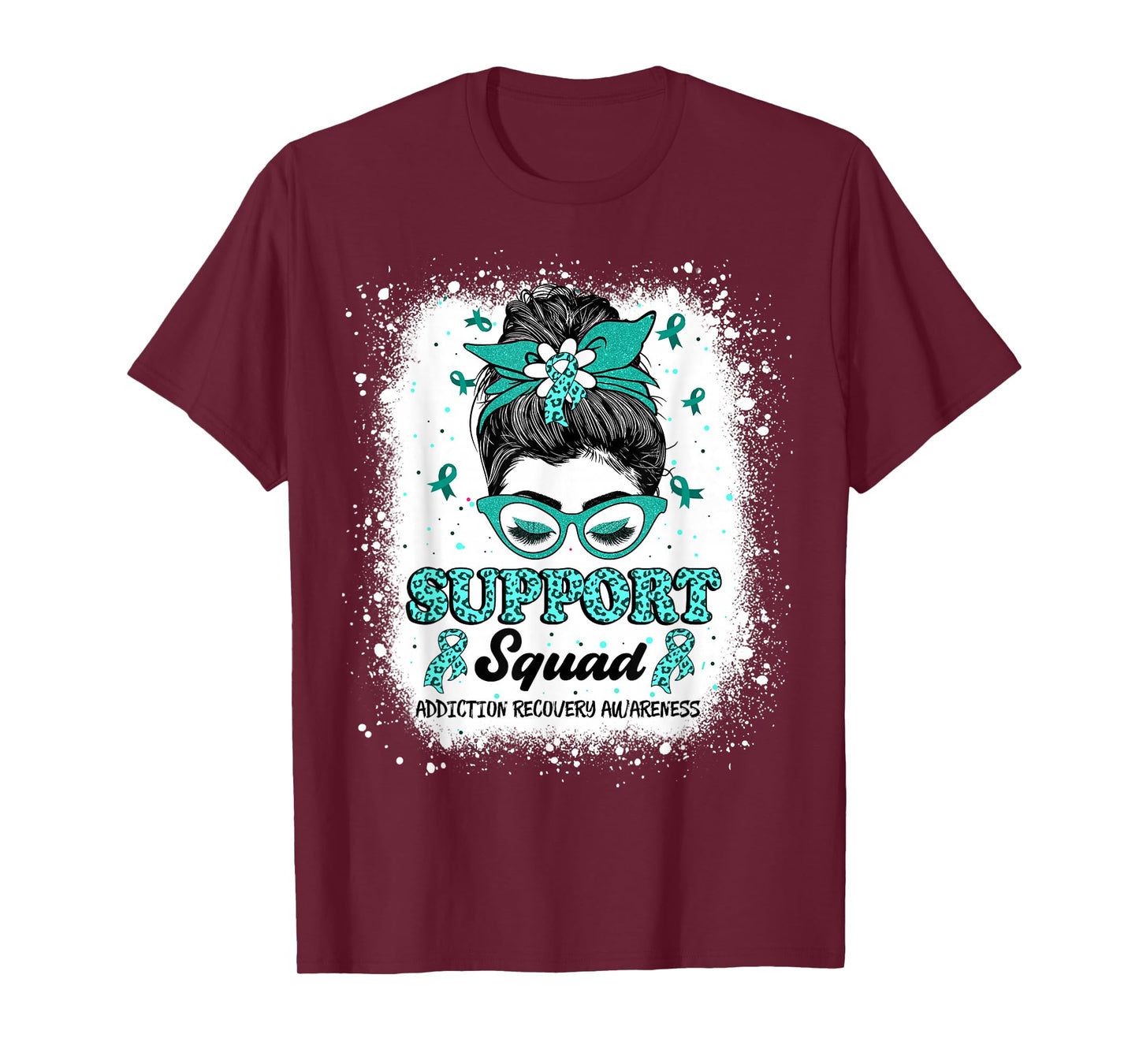 Support Squad Messy Bun Teal Ribbon Addiction Recovery T-Shirt
