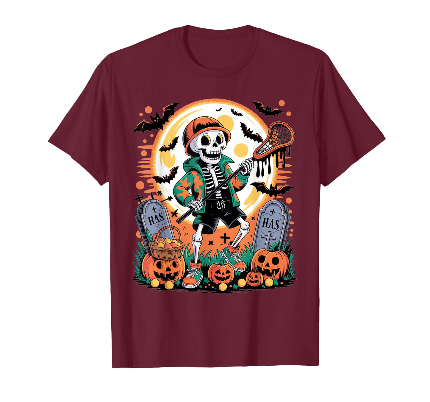 Funny Halloween Skeleton Pumpkin Lacrosse Spooky Halloween T-Shirt