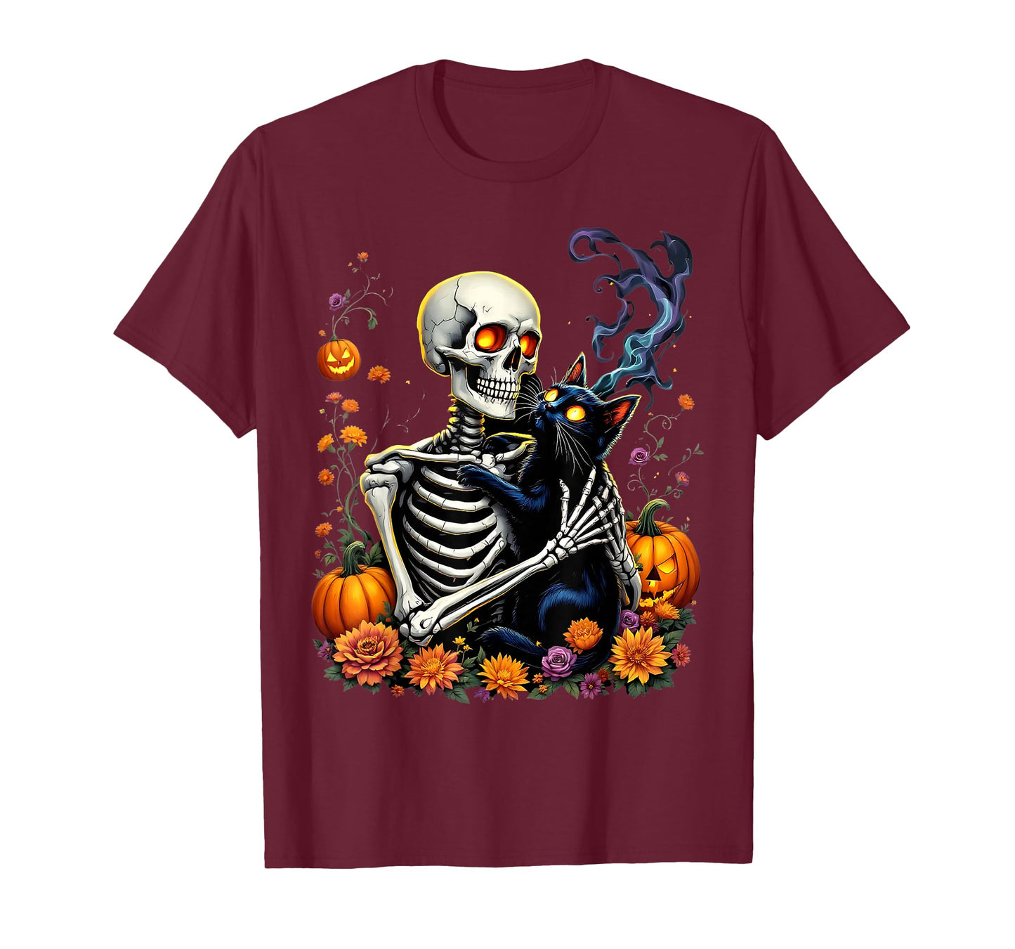 Skeleton Hugging Black Cat Halloween T-Shirt
